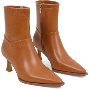 Women's Tan Ankle Stiletto High Heel Pointed Toe Side Zipper Short Dress Boots